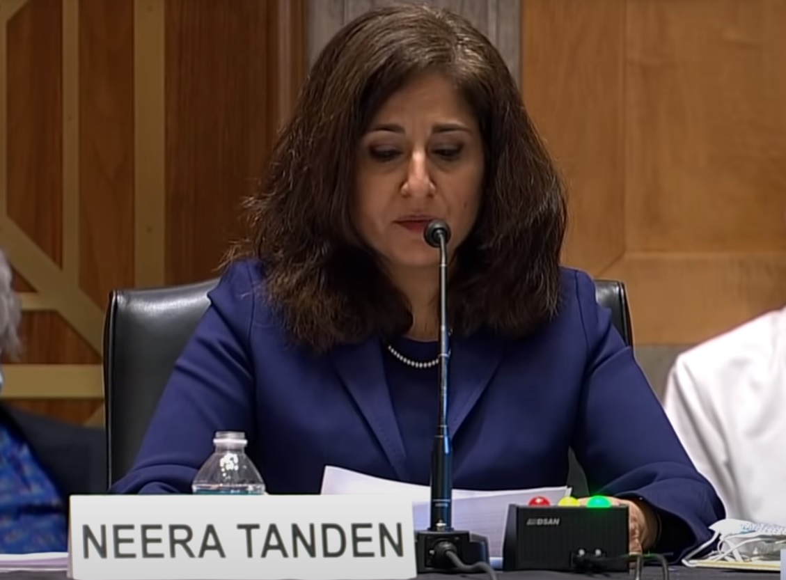 Neera Tanden delivering opening statement at her Senate Homeland Security and Governmental Affairs Committee confirmation hearing on February 9, 2021. Image via C-SPAN screen capture.