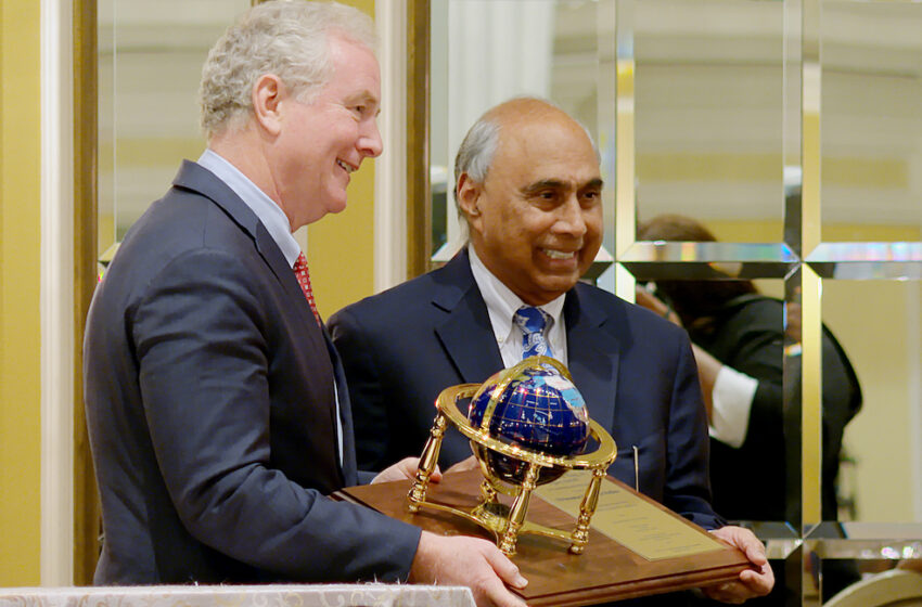 Sen. Chris Van Hollen (D-MD) receiving the “King Legacy Award for Leadership in Government and Public Service” from Indian American philanthropist Frank F. Islam at the 31st “International Salute to the Life and Legacy of Dr. Martin Luther King, Jr. Breakfast Celebration” in Washington, DC, on January 15, 2023.