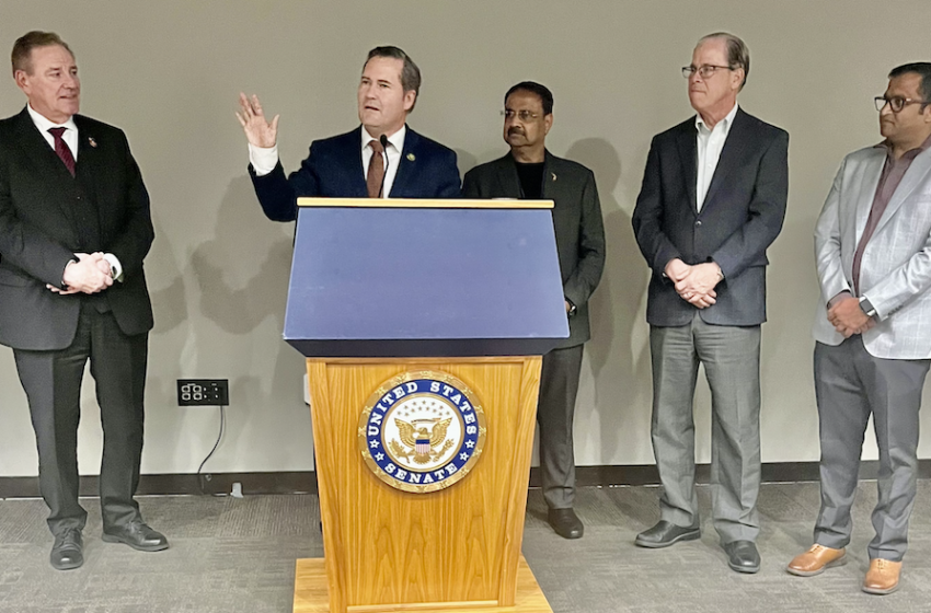 Reps. Mike Waltz (R-FL) addressing delegates of the Asian American Hotel Owners’ Association at a congressional reception hosted by the organization in Washington, DC, on March 7, 2023. Looking on are (from left to right) Rep. Neal Dunn, AAHOA Government Affairs Committee Chair Danny Gaekwad, Sen. Mike Braun (R-IN) and member of the AAHOA Florida Regional Rahul Patel.