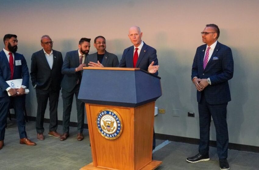 Sen. Rick Scott (R-FL) addressing delegates of the Asian American Hotel Owners’ Association at a congressional reception hosted by the organization in Washington, DC, on March 7, 2023. From left to right: Florida Region Ambassador Kunal Gaekwad, member Jayesh Patel, Treasurer Meeraj Patel, Danny Gaekwad and Vice Chairman Bharat Patel.