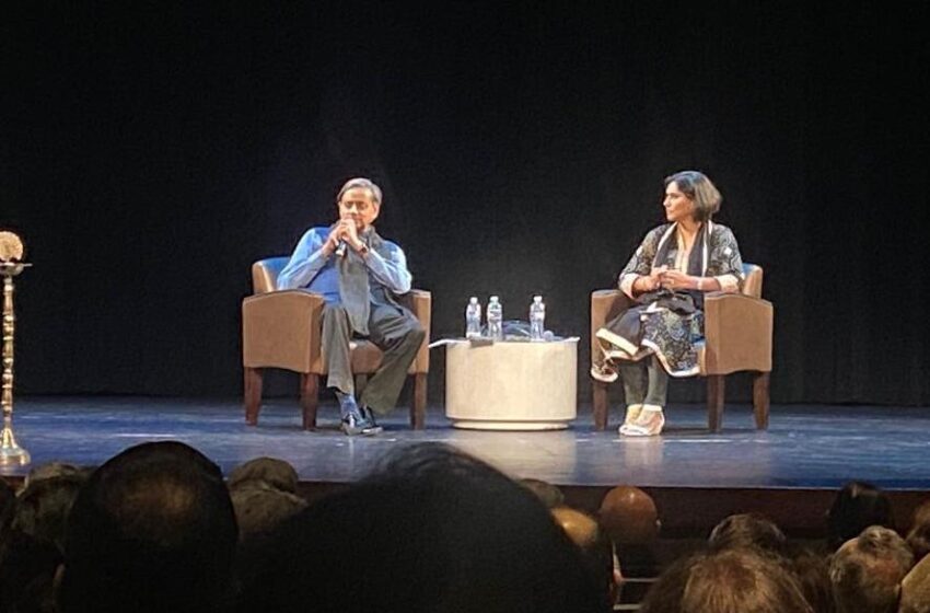 Indian author and parliamentarian Shashi Tharoor speaking at the third annual DC South Asian Literary Festival in Rockville, MD, on May 5. The discussion was moderated by prominent immigration attorney Sheela Murthy (right).