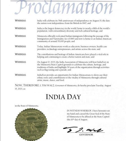  Minnesota governor proclaims August 15 as India Day