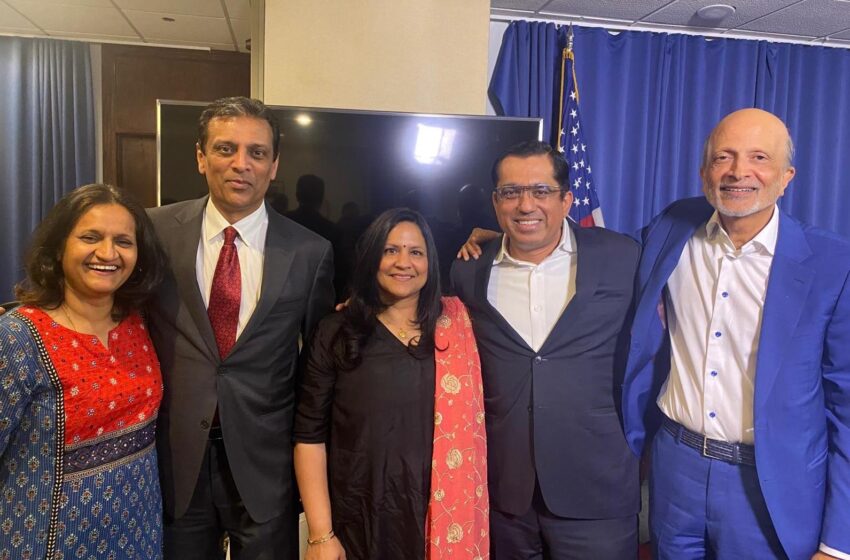 Indiaspora founder M.R. Rangaswami (right) and FedEx CEO Raj Subramaniam (second from left) at the National Press Club event on June 13, where Indiaspora unveiled its report on the contributions of Indian Americans.