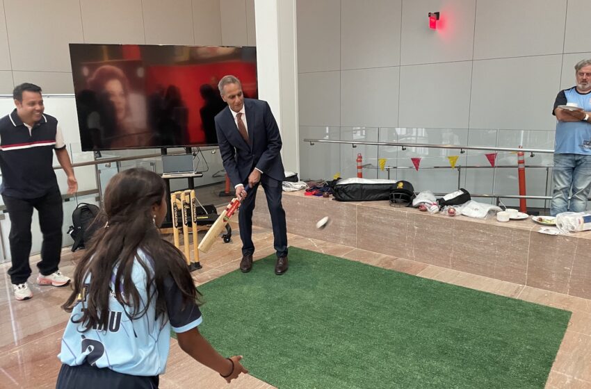 Deputy Secretary Richard Verma getting ready to face a delivery from a young cricketer at the "From Bouncers to Boundaries" event hosted by the Department of State on June 12, 2024. Photo credit: Adila Sebastian