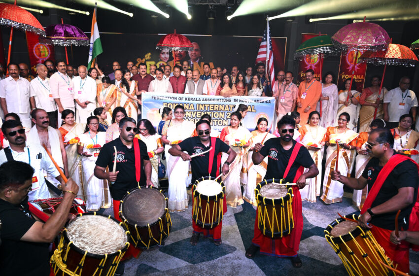 Musicians play the percussion instrument Chenda at the beginning of the Fokana convention in Bethesda, MD, on July 18, 2024. Photo by Mathew Karmel