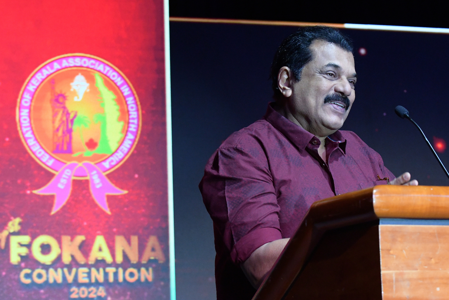 Popular actor and Member of the Kerala Legislative Assembly Mukesh addressing the Fokana convention in Bethesda, MD, on July 18, 2018