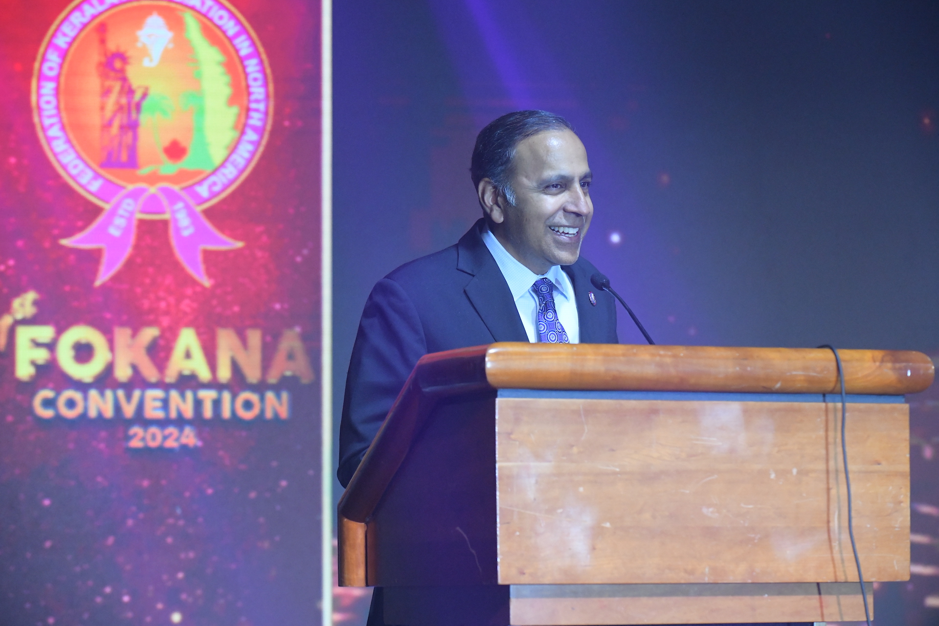 Rep. Raja Krishnamoorthi, a Democrat from Illinois, delivering the inaugural address at the Fokana convention in Bethesda, MD, on July 18, 2024