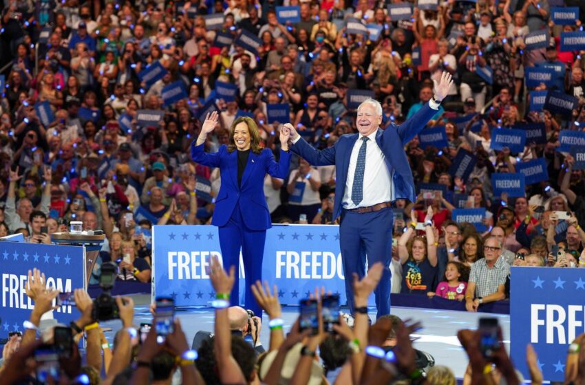 Kamala Harris and Tim Walz at a rally in Milwaukee on August 21, 2024